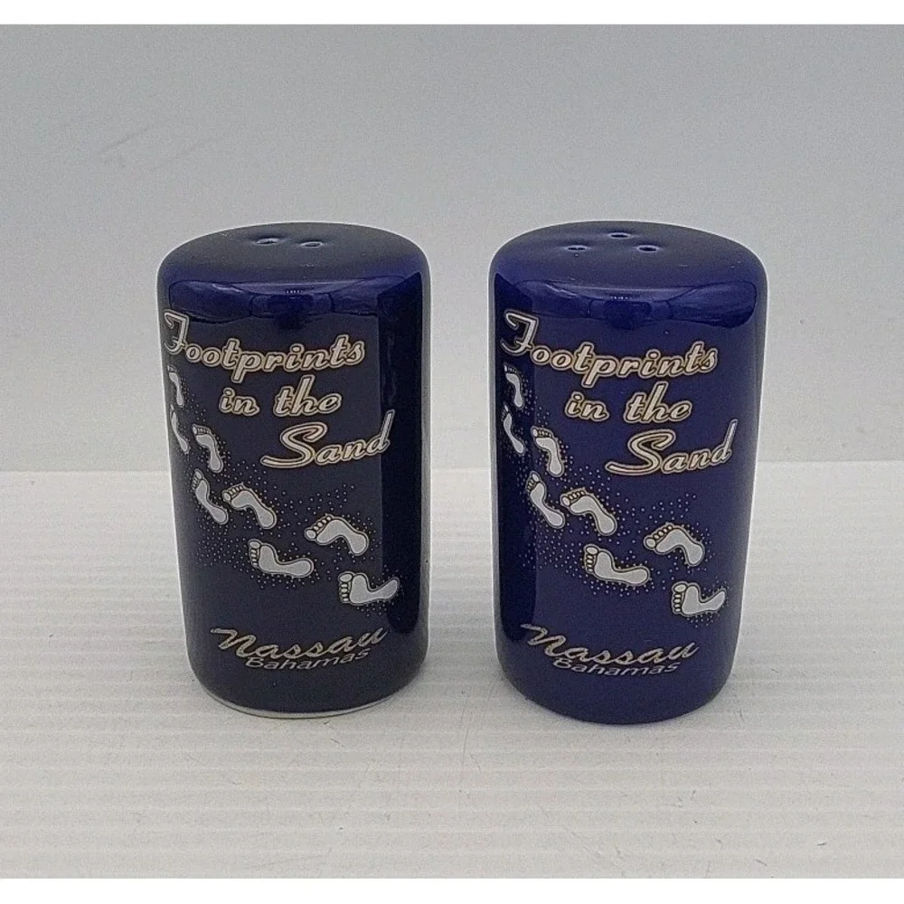 Vintage Salt & Pepper Shakers, Cobalt Blue Footprints in the Sand Nassau Bahamas